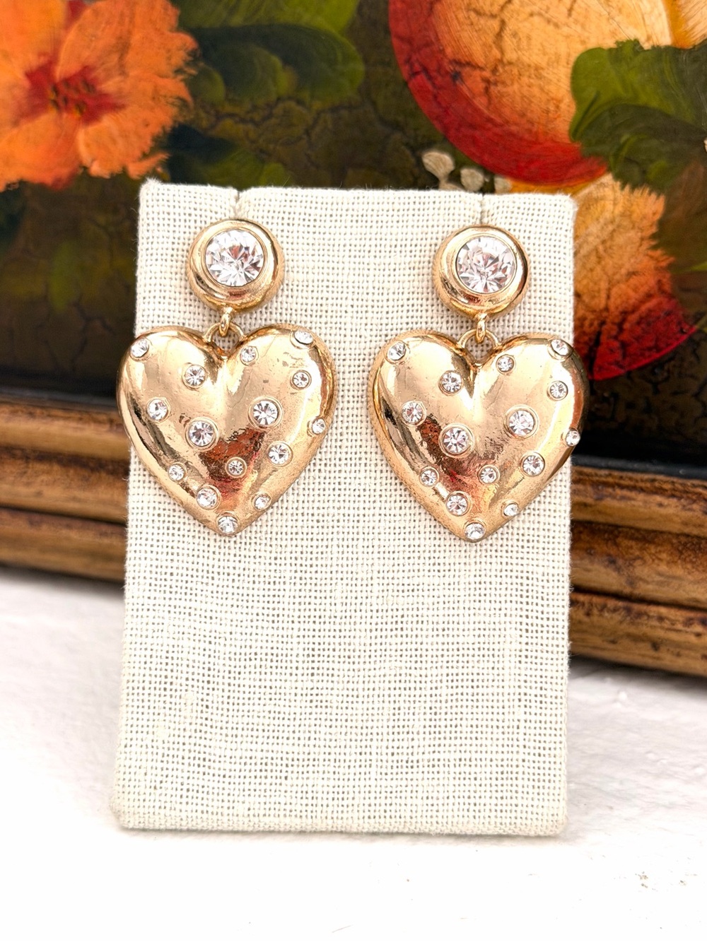 Vintage Gold Tone Rhinestone Heart Statement Earrings Pierced